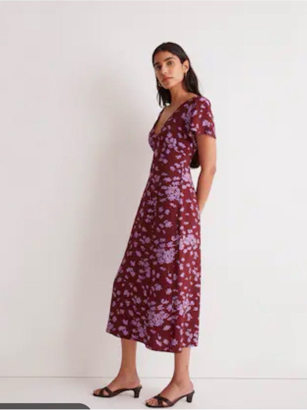 Madewell V-Neck Flutter-Sleeve Midi Dress Floral Cabernet Size 8